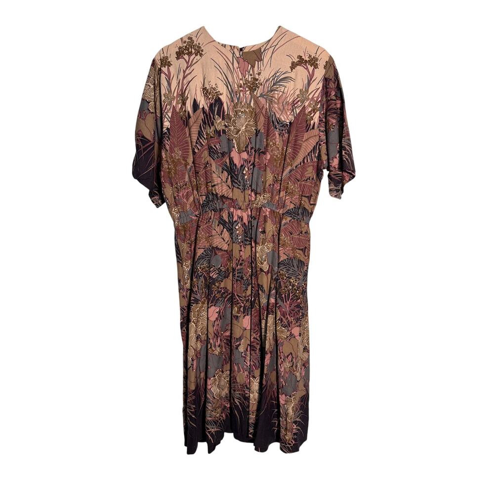 Vintage 80s Boho Tropical Floral Midi Dress | Elastic Waist | Pockets